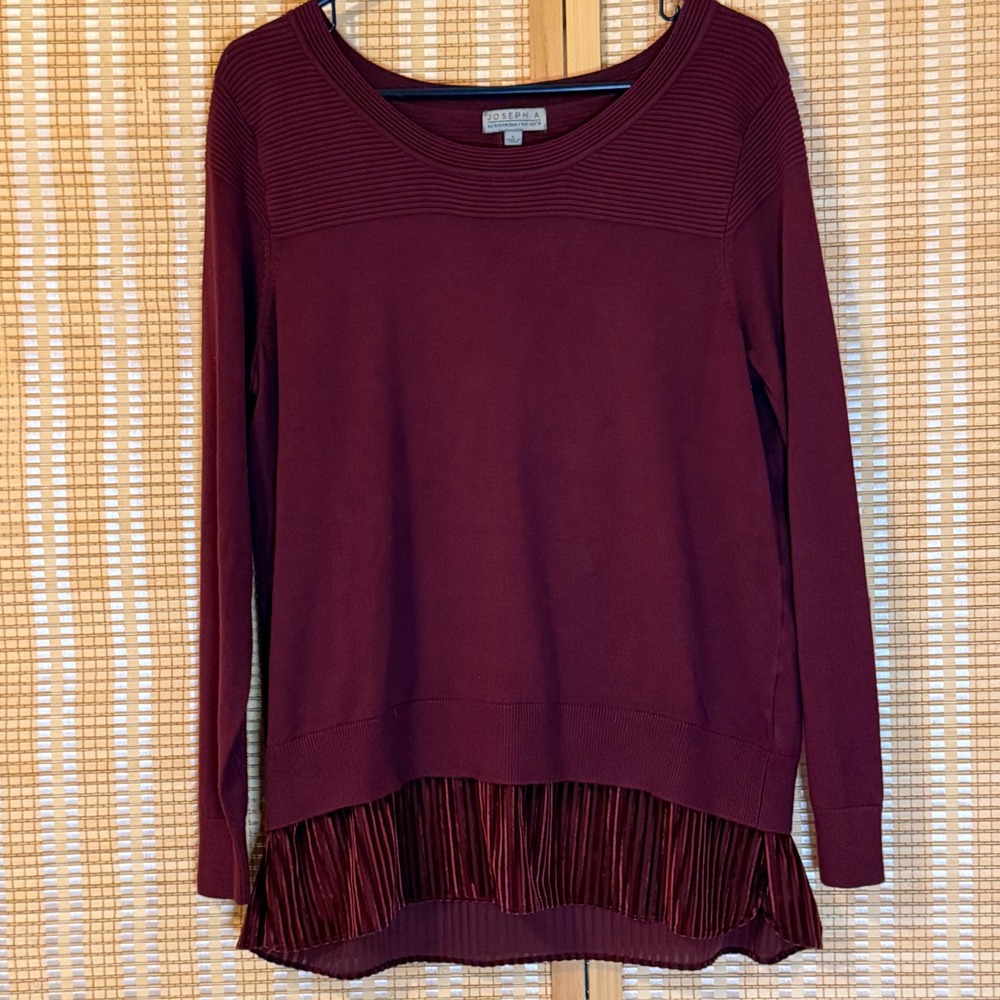 Joseph A Burgundy Mixed Media Split Back Pleated Velvet Hem Sweater Large Boho